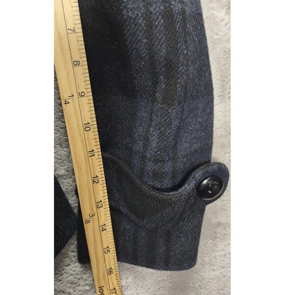 GUESS Plaid Wool Blend Navy Blue Hooded Pea Coat Claw Buttons - Picture 6 of 12